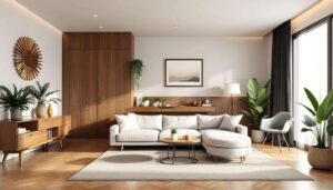 Stile Mid-Century, ma con un tocco originale: legno martellato e colori caldi dominano in questo appartamento di 90 m2