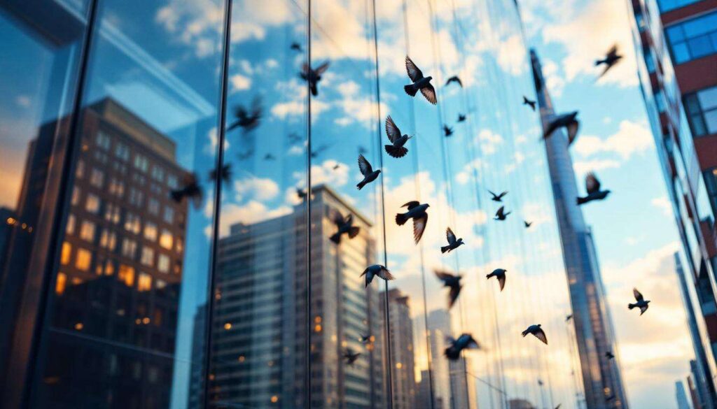 Il riflesso del vetro che allontana naturalmente i piccioni impedendo loro di posarsi