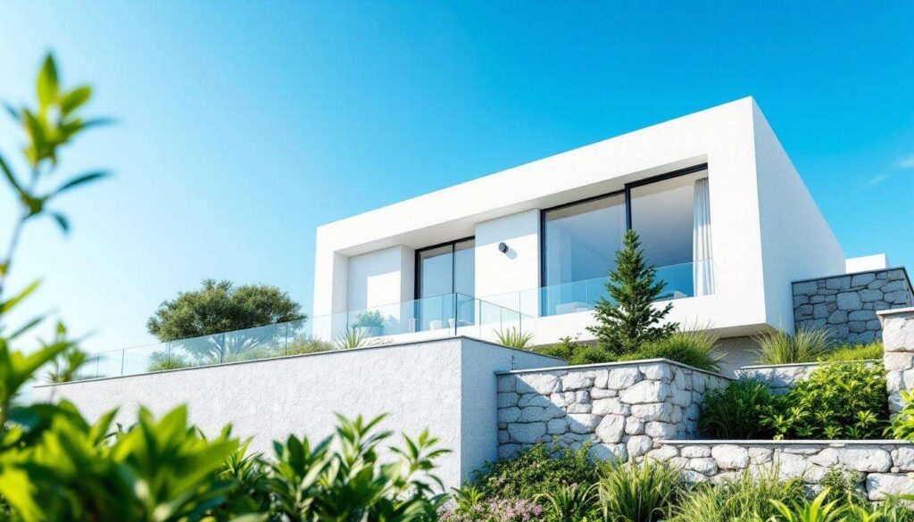 Questa casa tutta bianca è un omaggio al minimalismo che accoglie la luce in una cornice di pietra